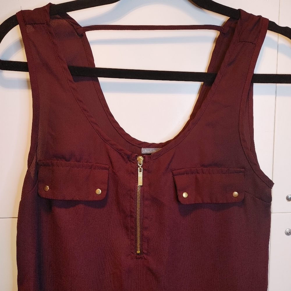Maroon Sleeveless Blouse Gold Zipper Front Juniors Small Flowy Tank Top - Picture 5 of 9